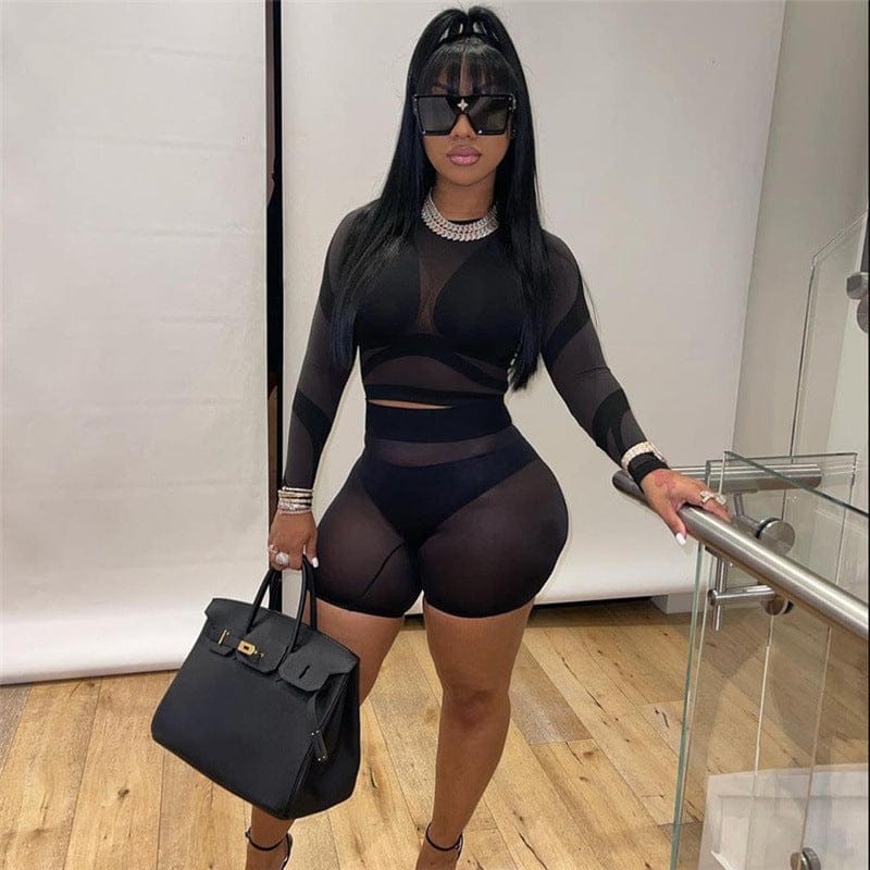 M / black Mesh Sexy Women Sets Two Piece See Through Striped Midnight Club Long Sleeve Top High Waist Shorts Outfits Tracksuit C13902