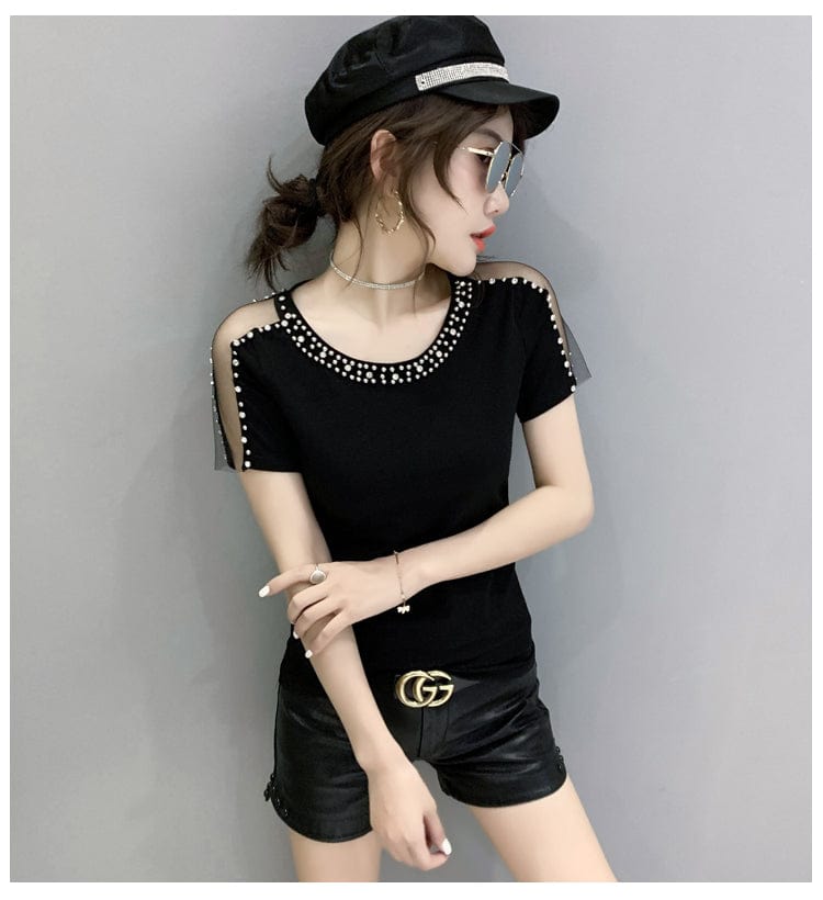 M / black New 2022 T-Shirt Women Handmade Diamonds Beading Mesh Patchwork On Sleeve Women Tops Tees Short Sleeve Summer T25503