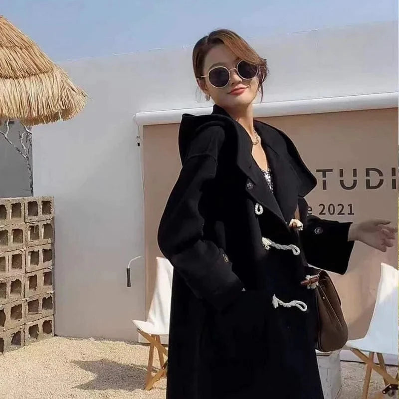 M / Black New Arrival Fashion Autumn Winter Warm Oversized Hooded Wool Winter Cashmere Coat Women
