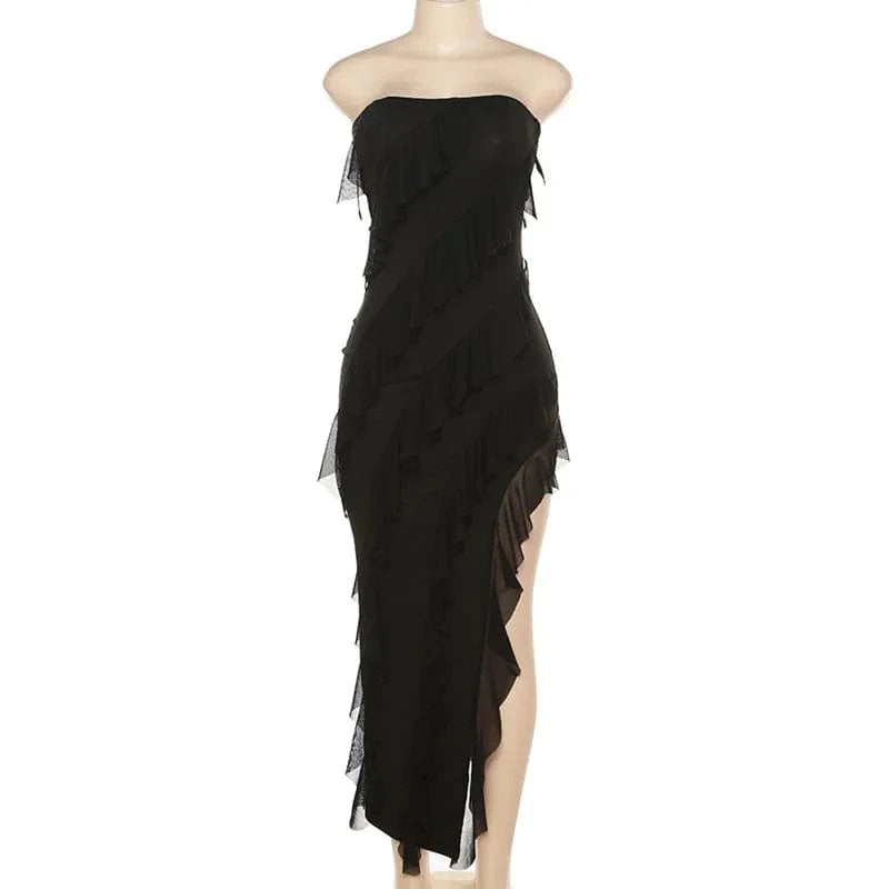 M / Black New Arrival Women's New Fashion Bandeau Sexy Backless Split Fringe Temperament Dress