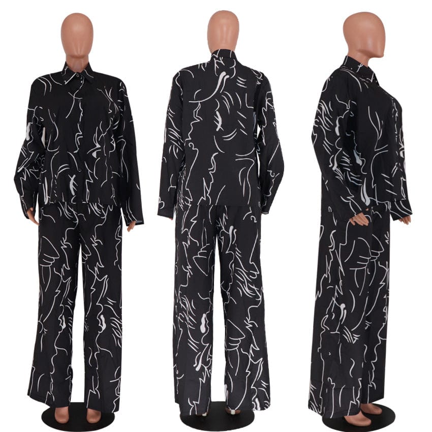 M / Black New Printed Long Sleeve Shirts And Pants 2 Piece Set Casual Loose Women's Sets 2 piece outfit set women