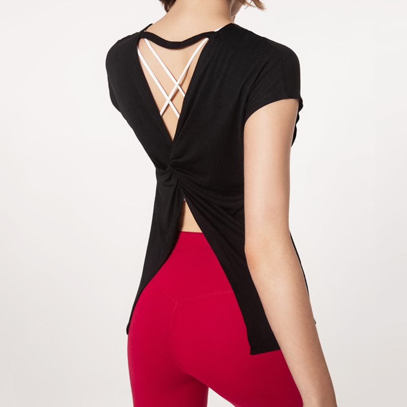 M / black New Split Back Yoga Suit Women Loose Speed Dry Running Sport Short Sleeve Blouse Women Fitness Blouse