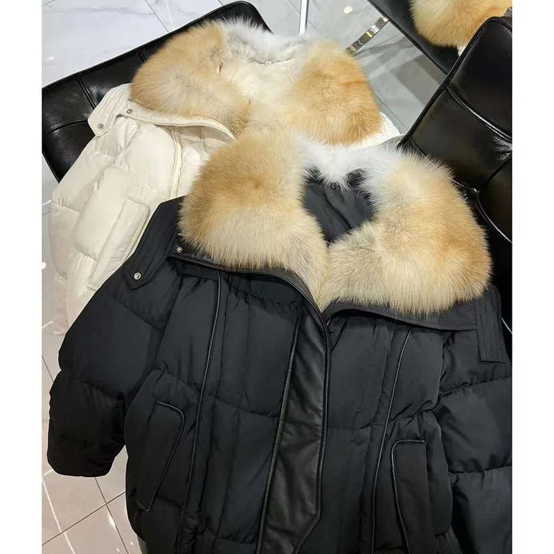 M / Black New White Goose Down Jacket Female Fox Fur Collar Fur Down Jacket Coat Female
