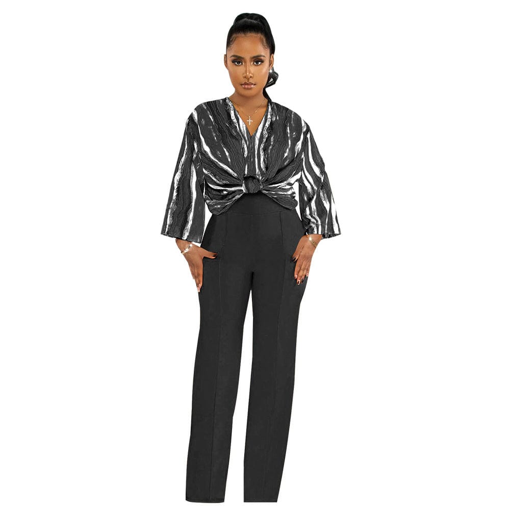 M / black New women's suit V-neck printed top solid color straight trouser suit summer