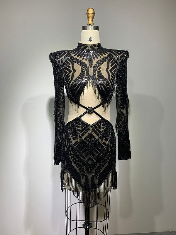 M / black NOVANCE new product 2023 popular in china sexy cut out black shiny pearl dress with shoulder pad club dresses with bling tassels