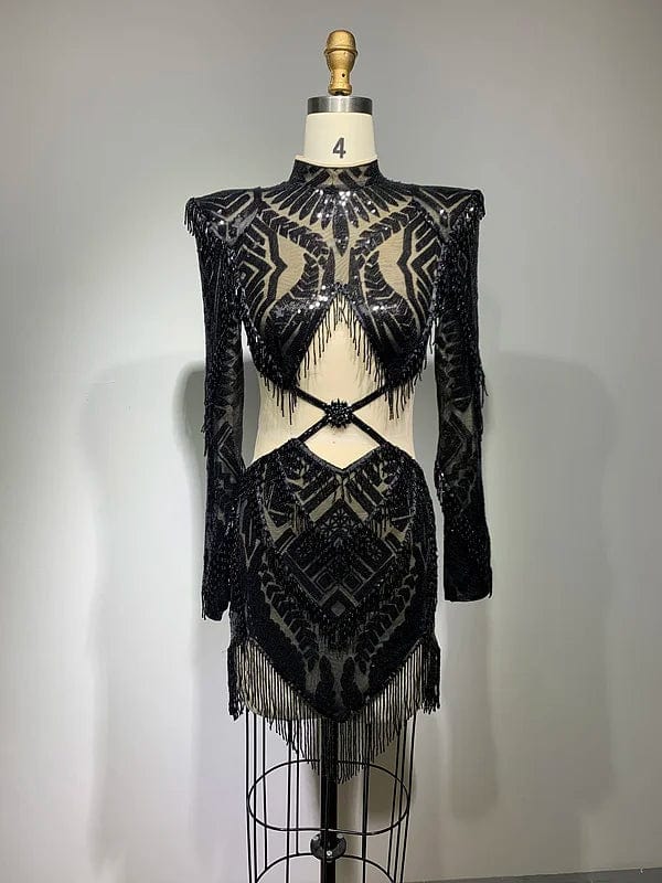 M / Black NOVANCE new product 2023 popular in china sexy cut out black shiny pearl dress with shoulder pad club dresses with bling tassels