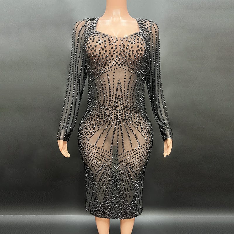 M / black NOVANCE popular products 2023 trending midi length sheer black dresses women lady elegant square neck luxury evening dresses