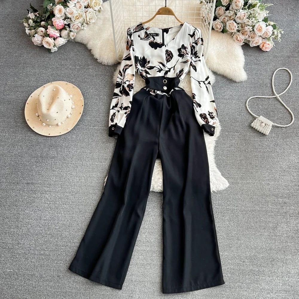 M / Black OL Professional Long Sleeve V-Neck Casual High Waist Straight Leg Wide Leg Pants Jumpsuit