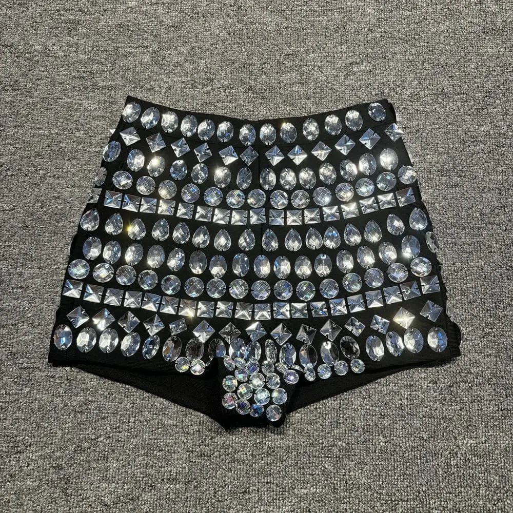 M / Black OUDINA Fashionable Diamond Tight Bandage Shorts Para Mujer Shorts For Women Rhinestones Shiny Party Women's Shorts