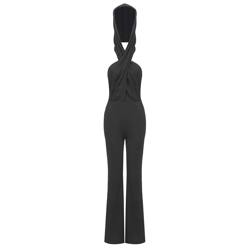 M / Black OUDINA New Fashion Clothes Black Backless Pocket Hoodie Rompers Women Jumpsuit Playsuits Women's Jumpsuits