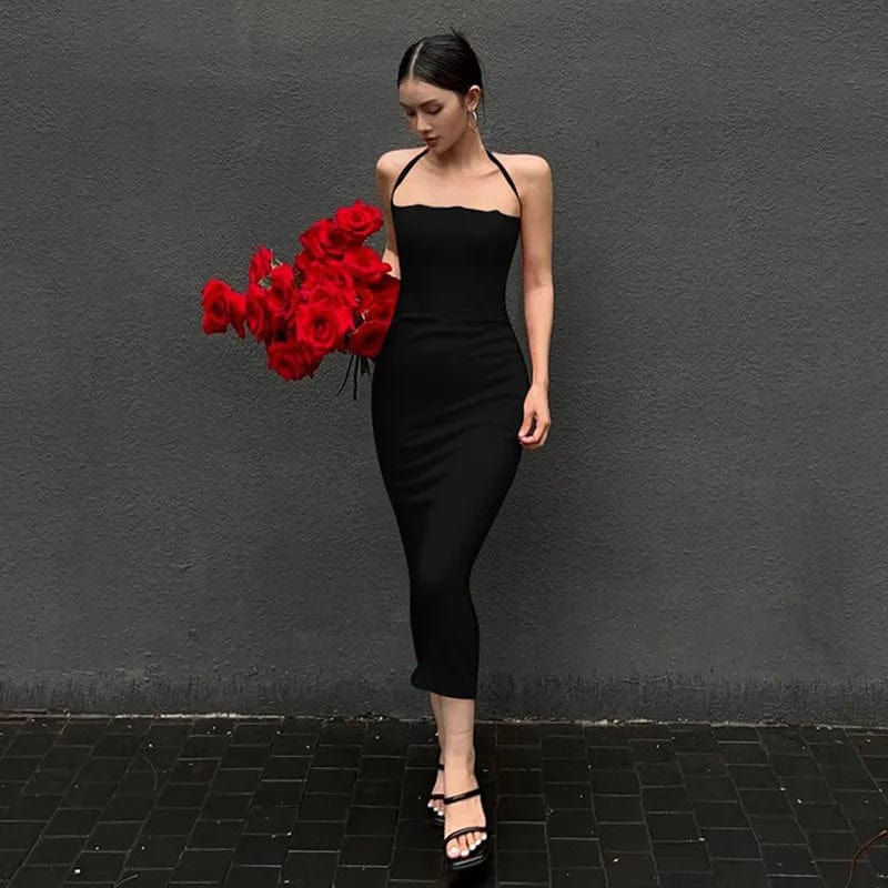 M / Black OUDINA New Fashion Slimming Halter Neck Elegant Women's Party Dress French Style Long Dresses For Ladies