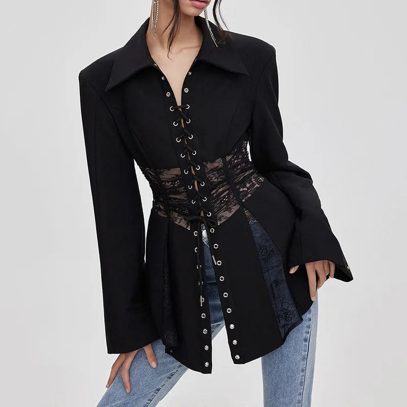 M / Black OUDINA New See-through Lace Suit Jacket For Women Heavy Industry Design Rope Waist Fashion Top Blazers Ladies