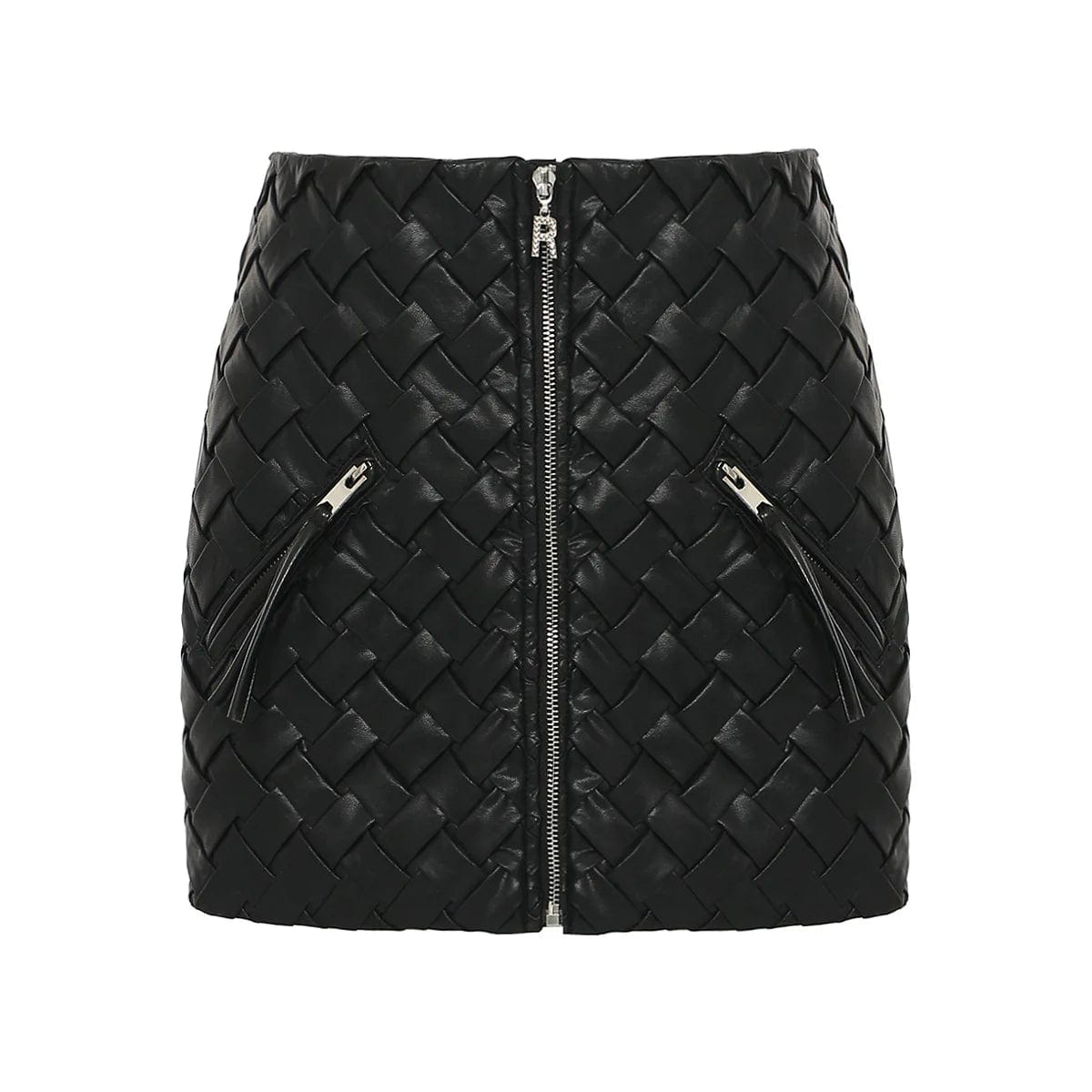 M / Black OUDINA Street Fashion Winter Pocket Zipper Braid Mini PU Leather Skirt Short Womens Skirts