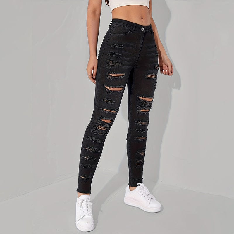 M / black OUDINA Trendy Wholesale Casual Vintage Denim Trousers Ladies Skinny Jean Pants Ripped Jeans Women