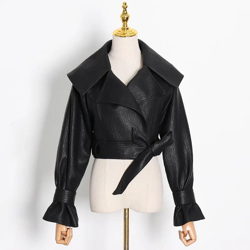 M / Black OUDINA Wholesale New Fashionable Motorcycle Large Lapel Bow Tie Design Short Women's Leather Jacket