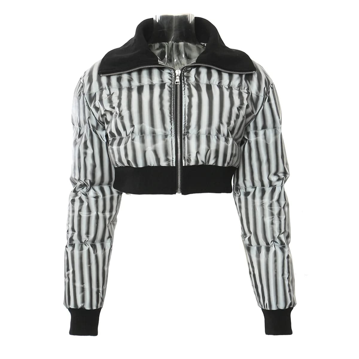 M / Black OUDINA Wholesale Women's Clothes Winter Bubble Cotton Short Cropped Coats Stripes Womens Bomber Jacket