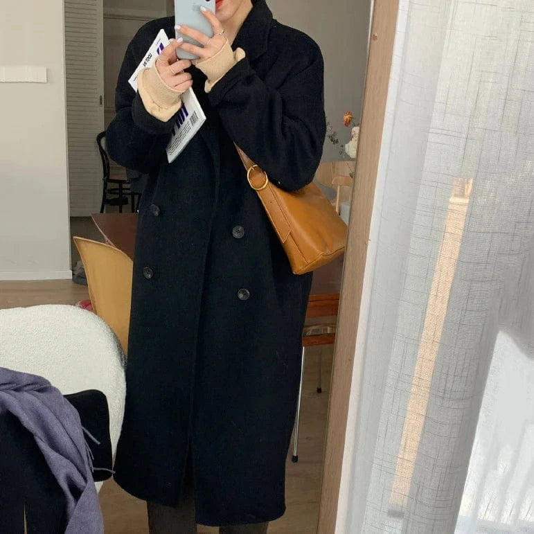 M / Black Oversized Women Cashmere Wool Coat Autumn Handmade Turn Down Collar Long Wool Coats