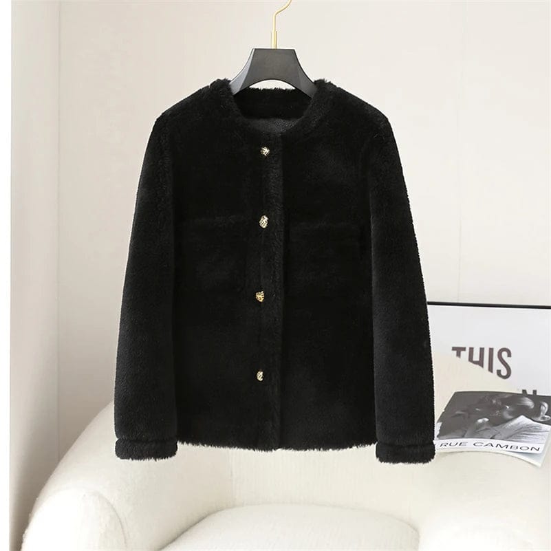 M / Black PDUI Women Real Wool Fur Coat Winter Warm Female Girl Sheep Shearing Jacket Parka OverCoat CT146