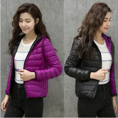 M / Black Purple Female Double-sided Women's Light And Short White Duck Down Fashion Hooded Warm Winter Coat Autumn New Double-Sided Jacket