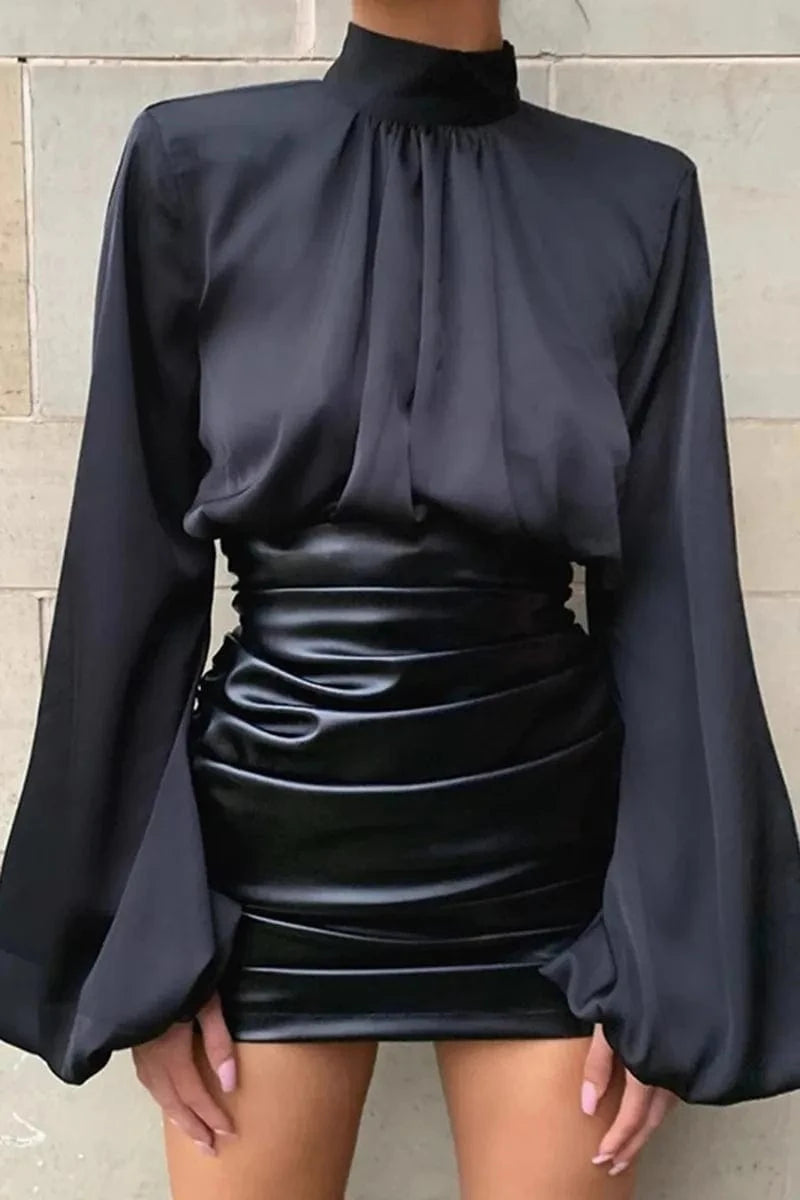 M / Black RedPeony Office Lady Top Blusas Women Long Sleeve Spring Autumn Turtleneck Women Crop Blouse Sexy Puff Sleeves Satin Blouse Shir