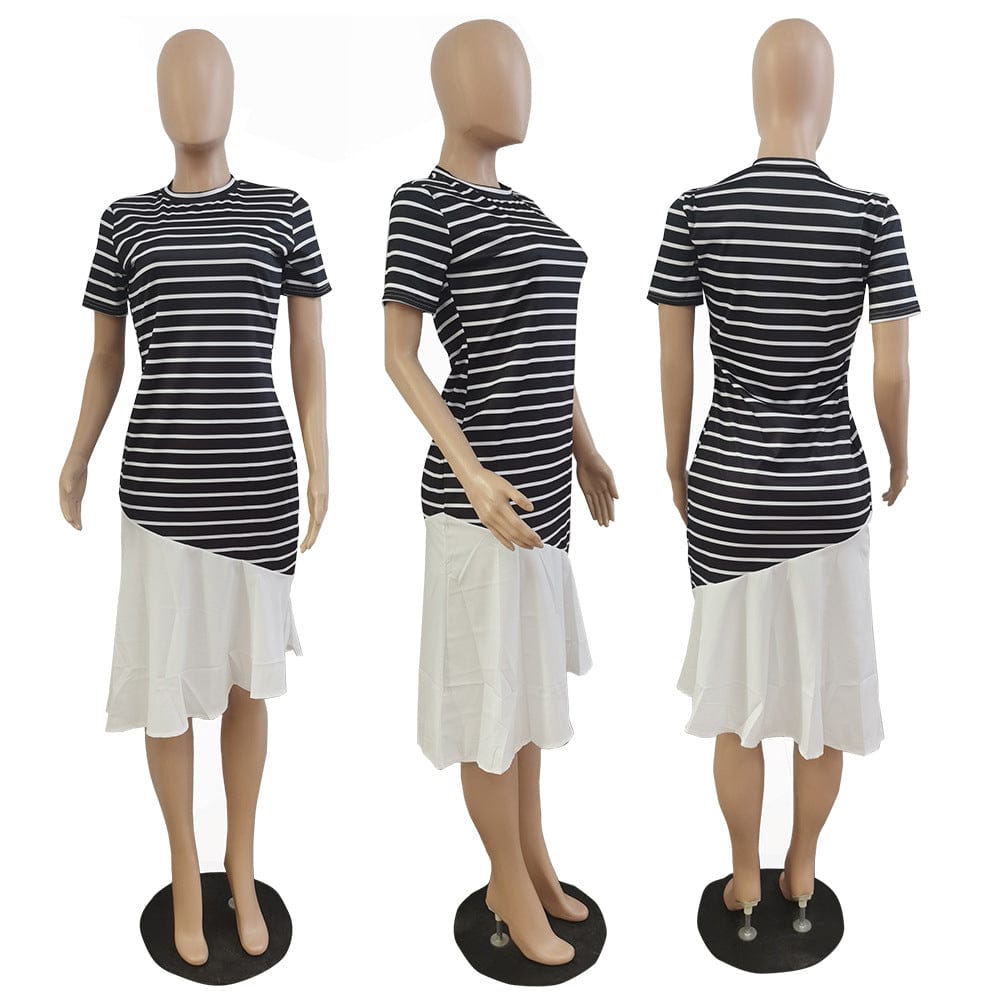 M / black S M L XL Multi color striped printed short sleeve dress without belt