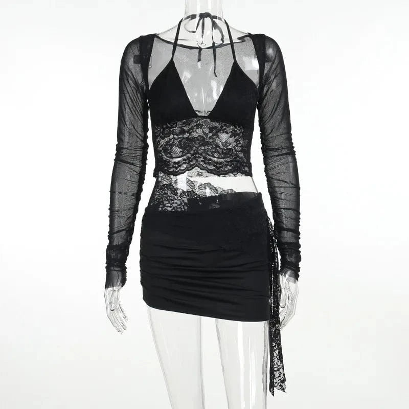 M / Black Spring 2024 Fashionable Deep V Neck Two Pieces Set Sexy Dress Slim Lace Mesh Crop Top And Mini Skirt