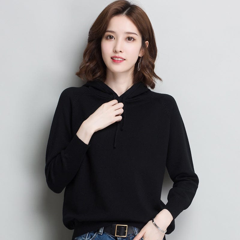 M / black Spring New Hooded Sweater Women's Loose Casual Knitted Base Shirt Thin Coat