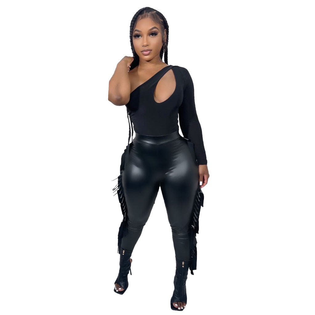 M / black Stretch PU Pants Women Clothing Fall &winter High Waist PU Trousers&Pants with Tassel for Y2K Women Sexy Pants