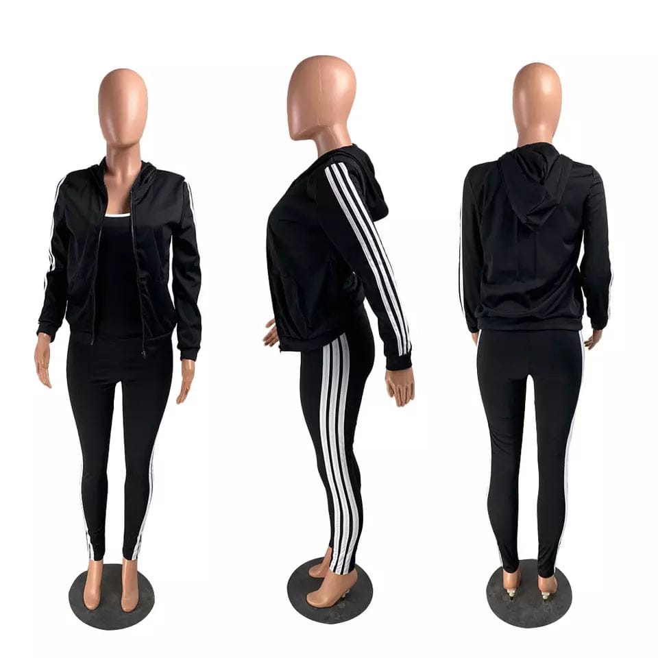 M / black striped jacket tank top and jogger sets wholesale 3 piece tracksuit women fall sweatsuit set