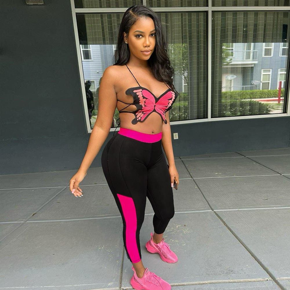 M / Black Summer New Women's sexy Butterfly Print Sleeveless Sling Top Color Block Stretch Pencil Pants Two Piece Set Women Clothing