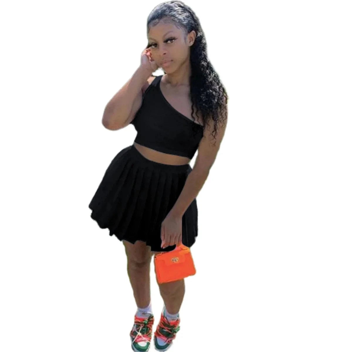 M / Black Summer Two Piece Skirt Set Women Clothing Tracksuit One Shoulder Top Pleated Skirt 2 Piece Tennis Skirt Outfits