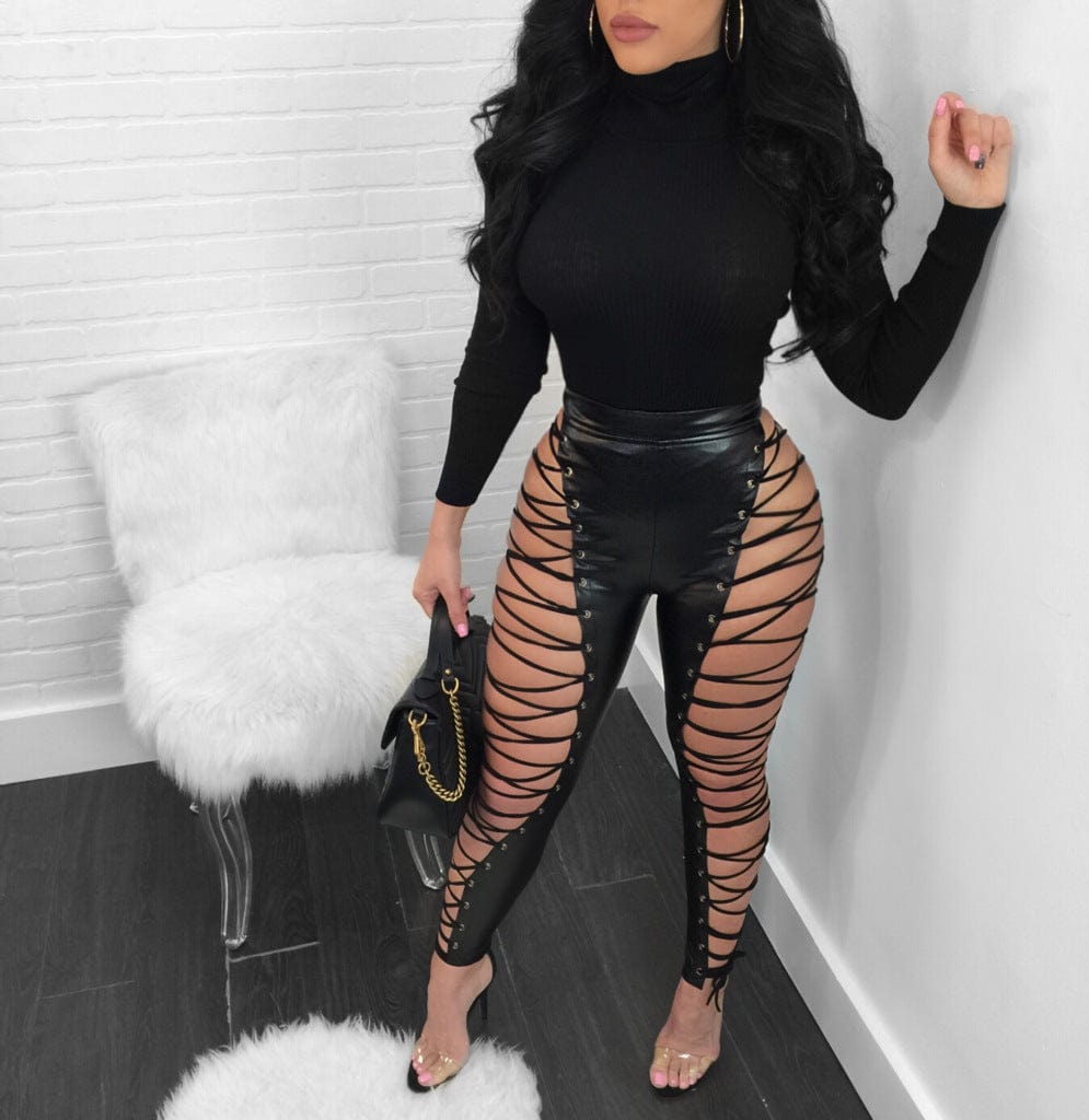 M / black Tight Black Hollow Out Lace Up Sexy Pencil Pants Women High Waist Bandage Leggings Club Party Pu Faux Leather Pants