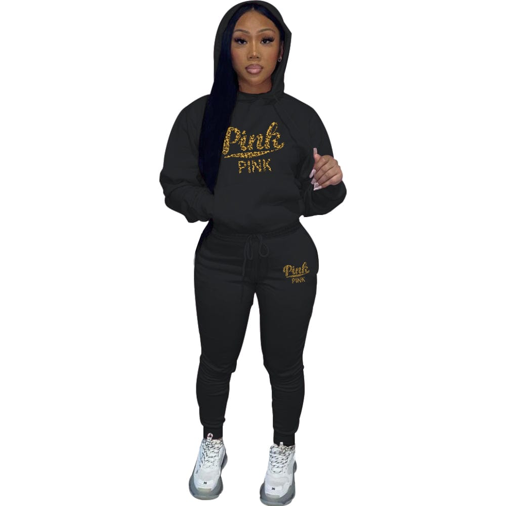 M / black Trendy Women Clothes Casual Pocketed Printed Drawstring Hooded Collar Long Sleeve Two Pieces