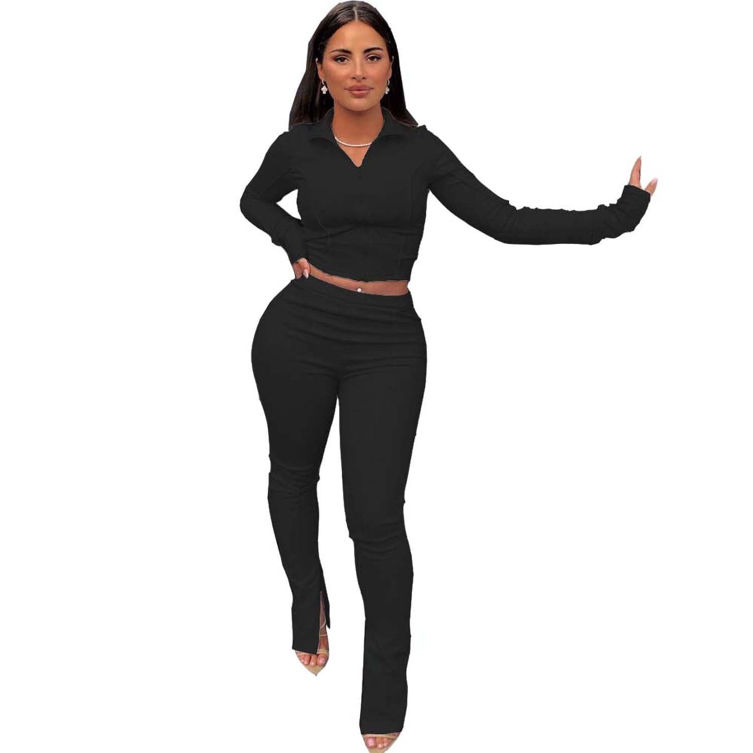 M / black Trendy Women Clothes Fashionable Casual Turn down Neck Zip Up Top & Slits Trousers
