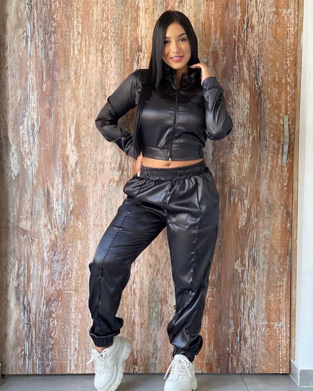M / black Trendy Women Clothes Stunning Solid Satin Two Piece Workout Sets Women's Sport Suits Zipper Up Long Sleeve Jackets and Elastic W