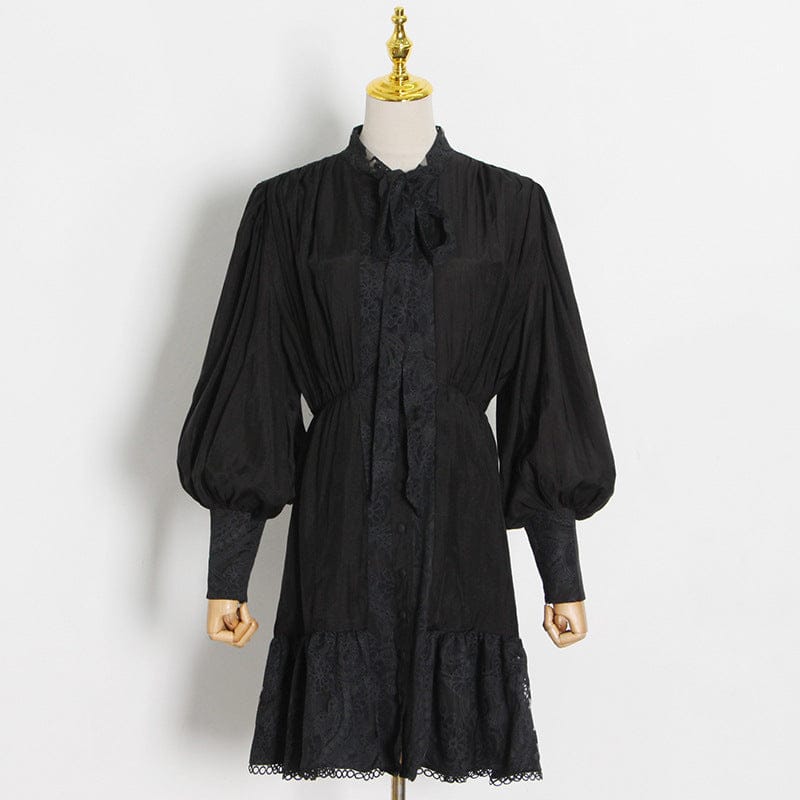 M / black Vestidos Casuales Puff Sleeve Slim Short Dress 2022 Spring And Summer New Neckline Tie Ruffle Stitching Dress