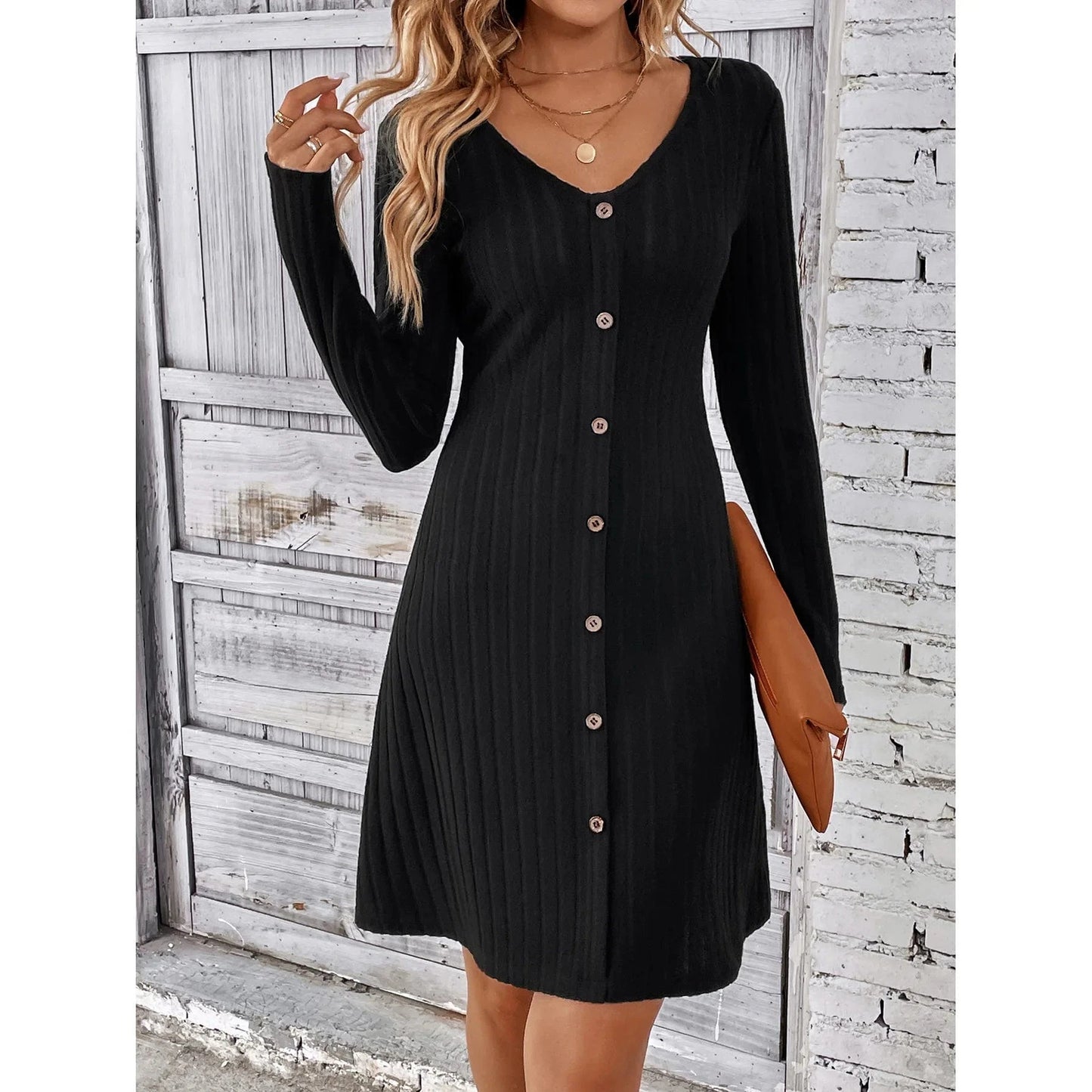 M / Black Western style skirt women's Autumn New fashion Button waist Solid color Long sleeve dress
