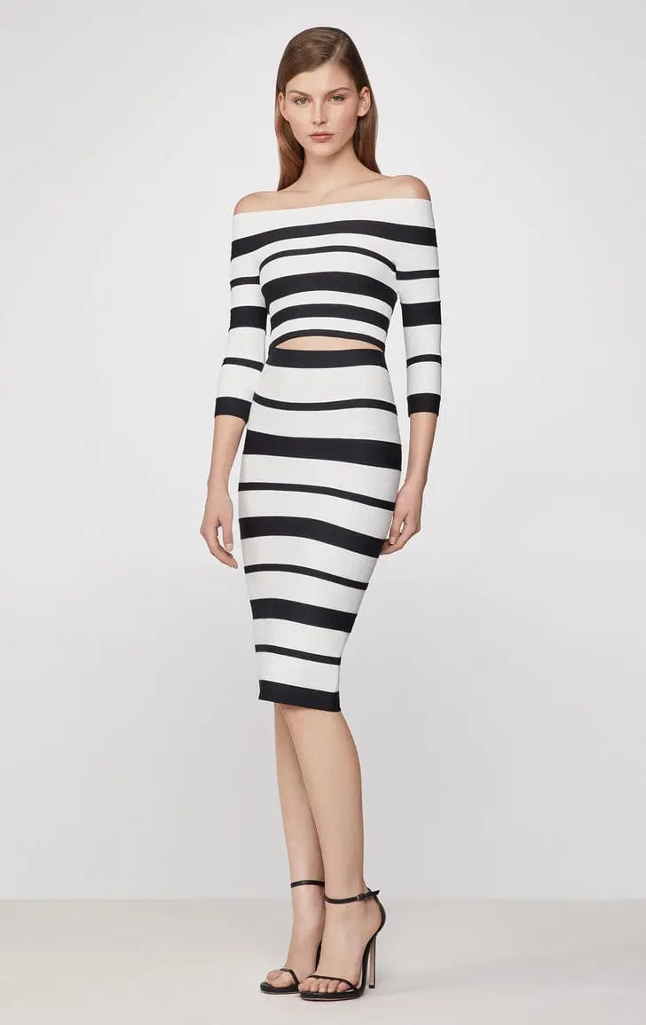 M / Black/White New fashion off-shoulder stripe two-piece bandage dress evening party elegant women 's casual dresses