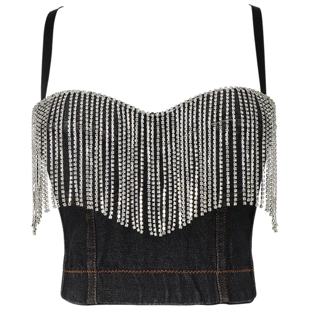 M / Black Wholesale rhinestone Fringe top bustier women Vest corset bustier top
