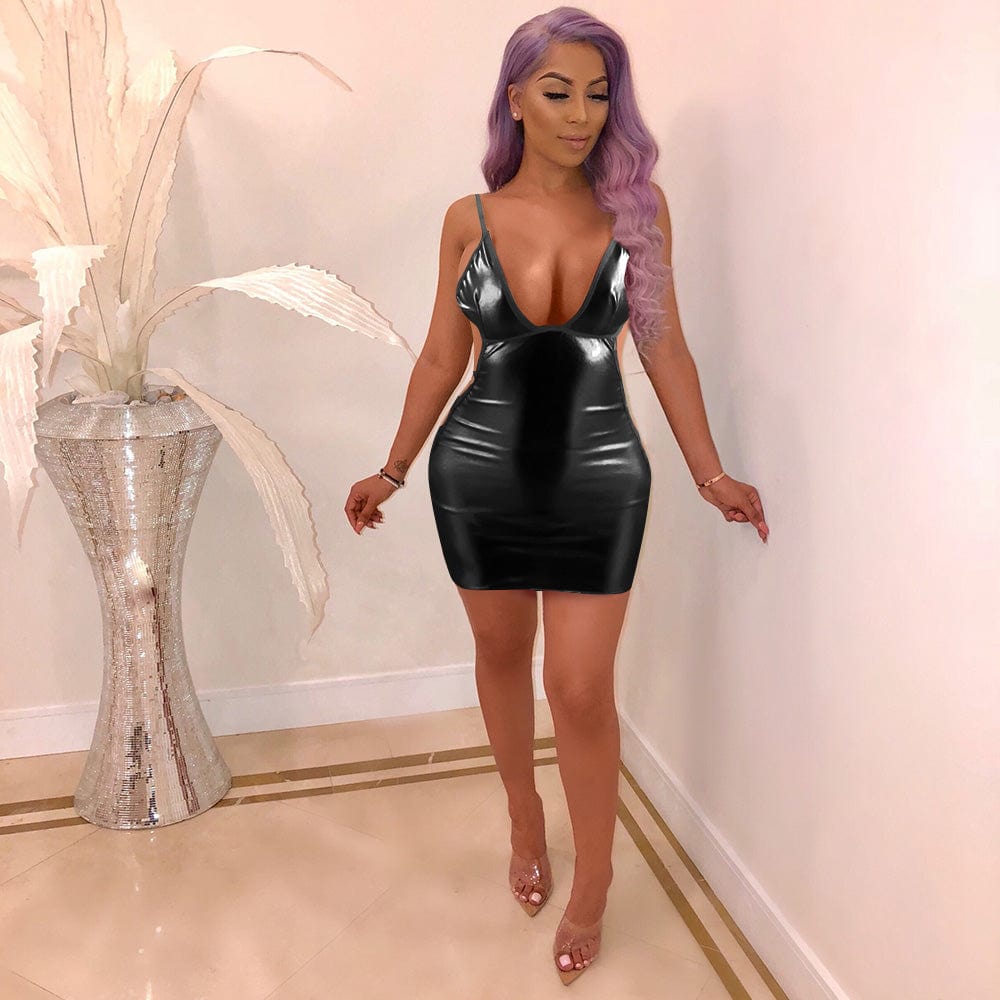 M / black Women Fashion Dress  PU Coated Nightclub Hollow Tie Sexy Dress