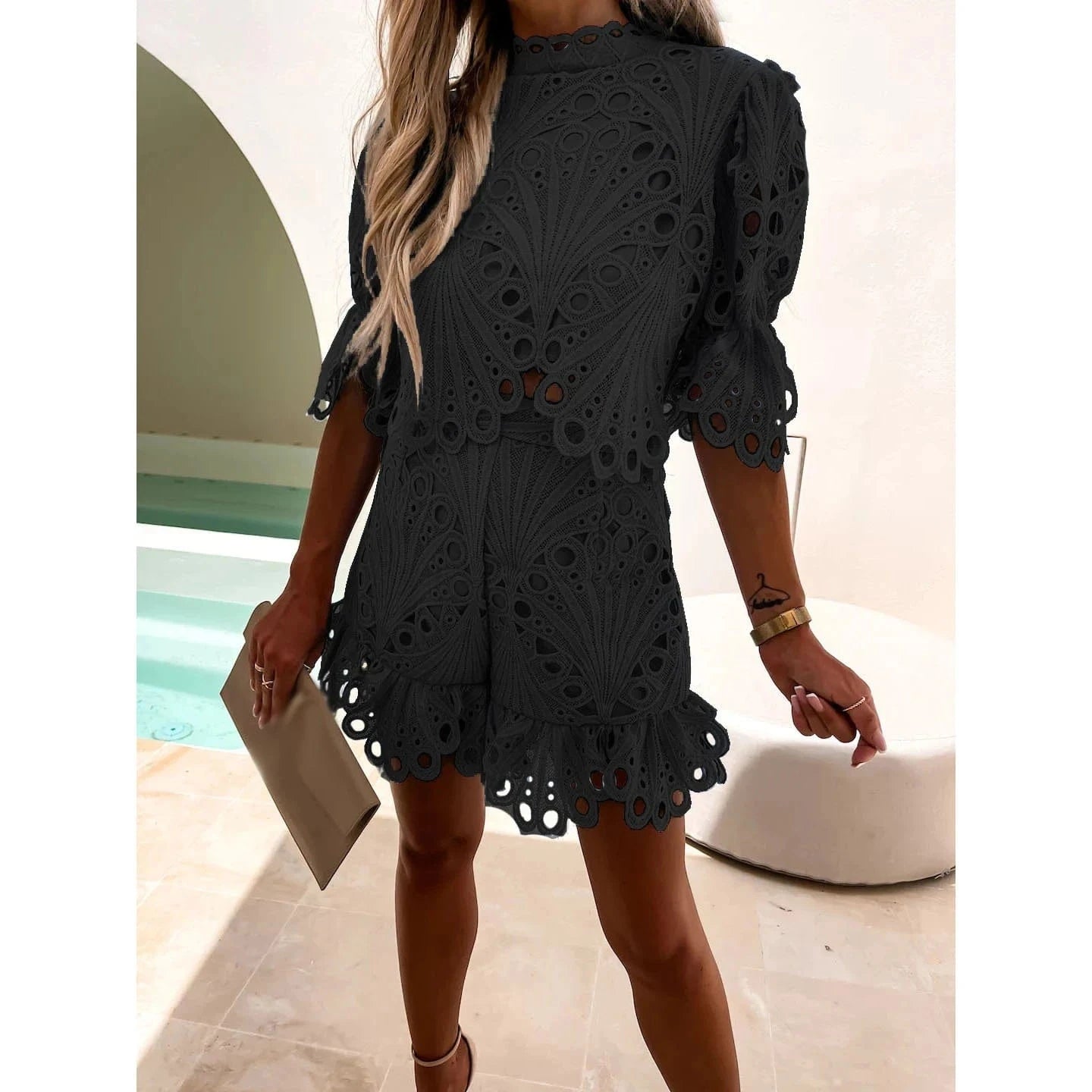 M / Black Women's Sexy Lace Hollow Out Crop Top and Ruffles Shorts Set Female Solid Slim Short Sleeve Blouse