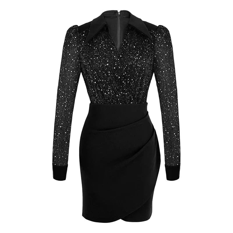 M / Black ZYHT 50673 4 Color Choices Sequins V Neck Irregular Mini Dresses Fashion Ruched Design Sexy One Step Dress