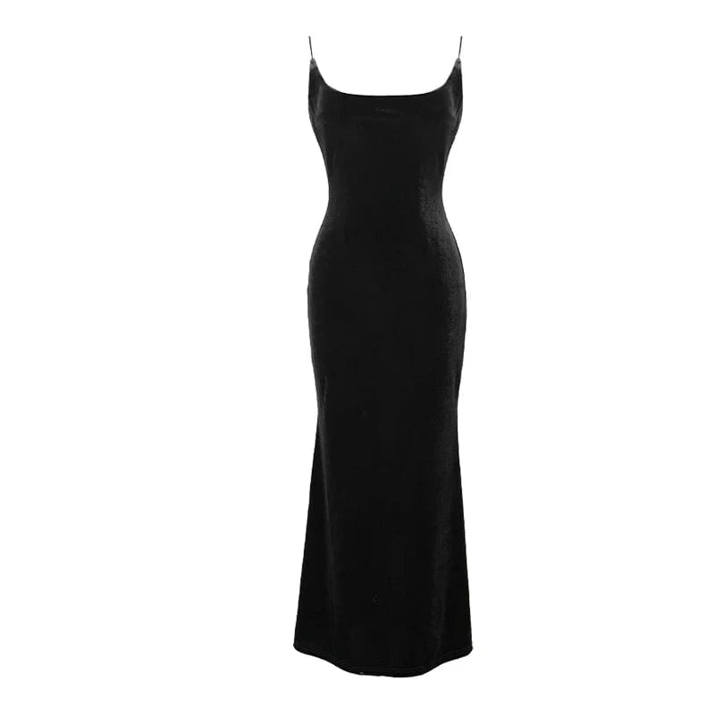 M / Black ZYHT 9605 Velvet Slip Sleeveless Backless Sexy Lady Maxi Dress Banquet Party Back Slit Big Swing Long Dress