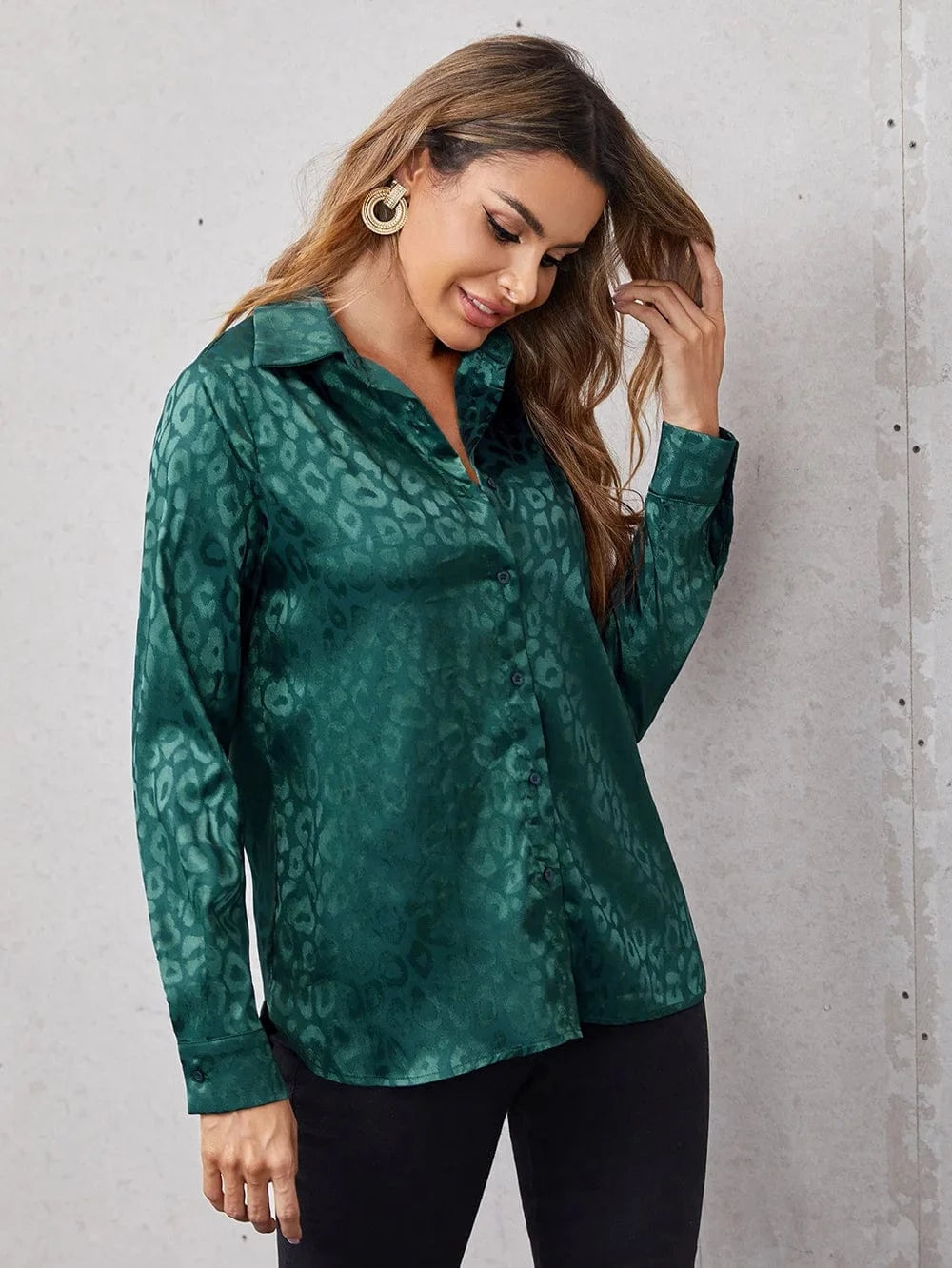 M / blackish green Wholesale Girls Blouses&shirts Fashion Leopard Long Sleeve Tops New Women Blouse