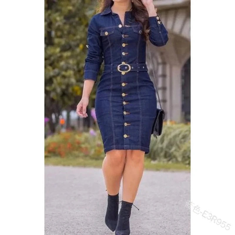 M / Bleu moyen Sexy Fashion multi-button decorative lapel single-breasted long slim long sleeve Denim goddess dress