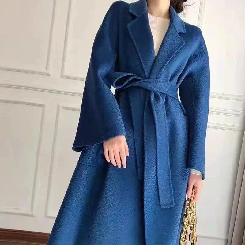 M / Blue 2023 New Arrival Women's 100% Genuine Wool Coats Classic Great Quality Wool Overcoat
