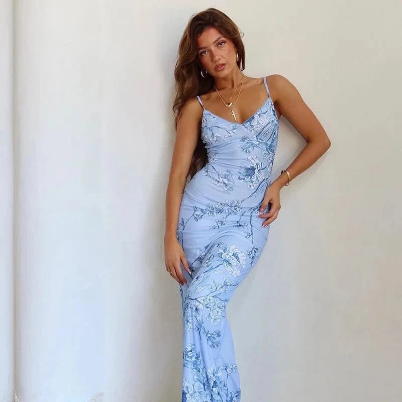 M / Blue 2024 Autumn New Women's Long Dress Holiday Style Elegant Slim-fit Printing Design Sense Sling Dress for Women