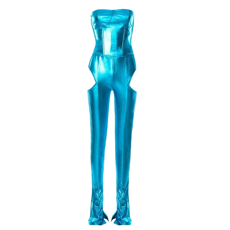 M / Blue 2024 New Gloss Corset Tops Women's Night Club Rave Outfit Zipper Sexy Cut Out Skinny Hem Slit Trouser 2 Piece Set