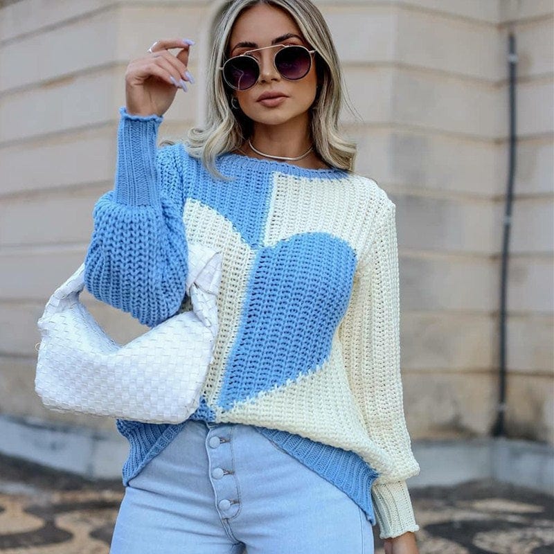 M / Blue Autumn And Winter New Round Neck Irregular Pullover Base Women's Elegant Bell Sleeve Love Contrast Color Knitted Sweater