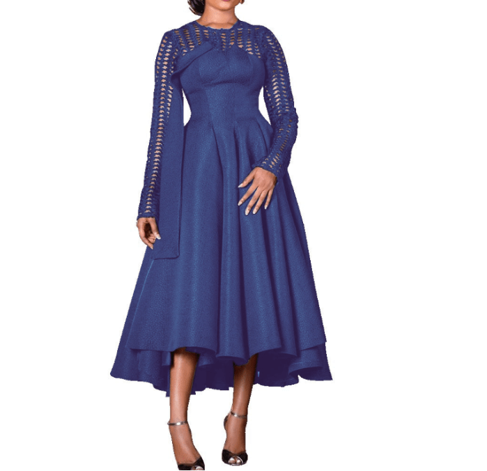 M / Blue Autumn Elegant Black Round Neck Patchwork Grids Casual Lady Dresses